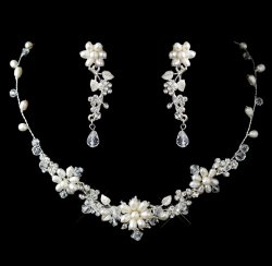 Freshwater Pearl Crystal Bead Floral Wedding Necklace Earrings Bridal Set