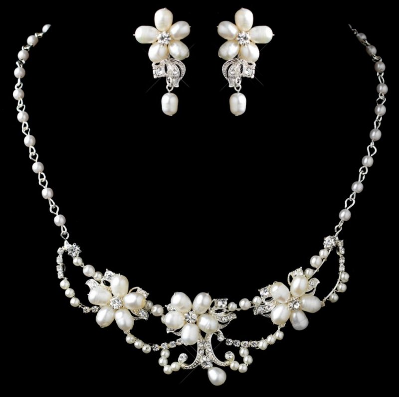 Image 0 of Freshwater Pearl Rhinestone Floral Link Wedding Necklace Earrings Bridal Set