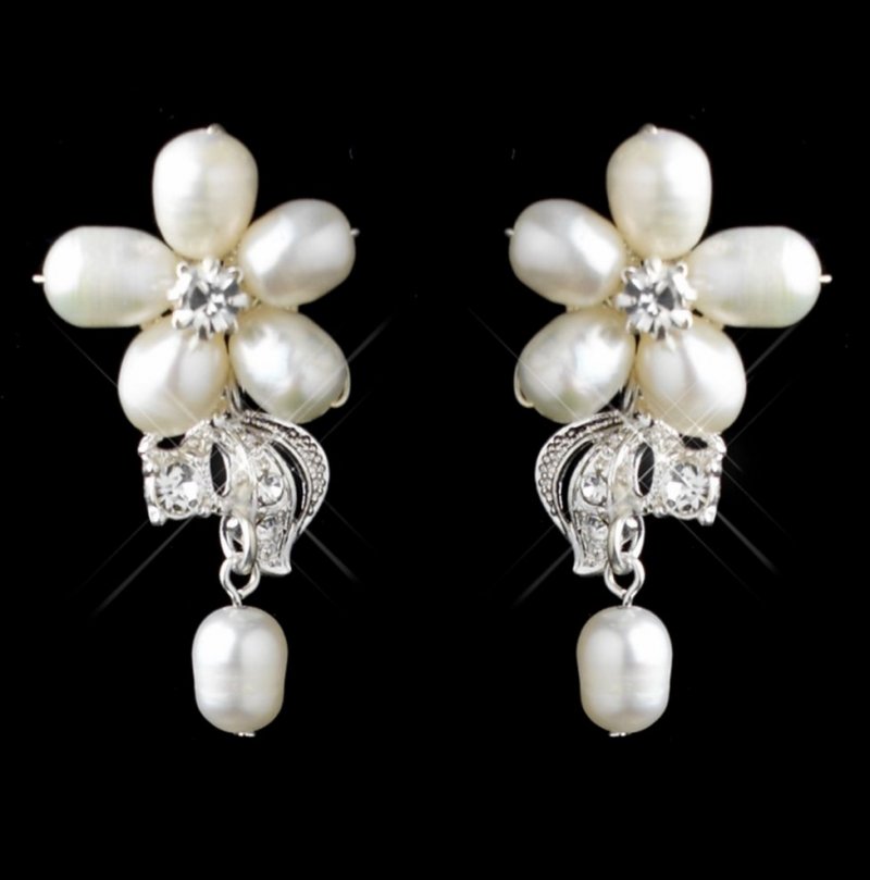 Image 1 of Freshwater Pearl Rhinestone Floral Link Wedding Necklace Earrings Bridal Set