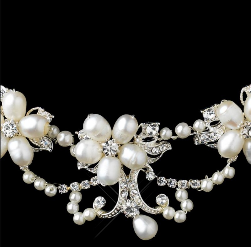 Image 2 of Freshwater Pearl Rhinestone Floral Link Wedding Necklace Earrings Bridal Set