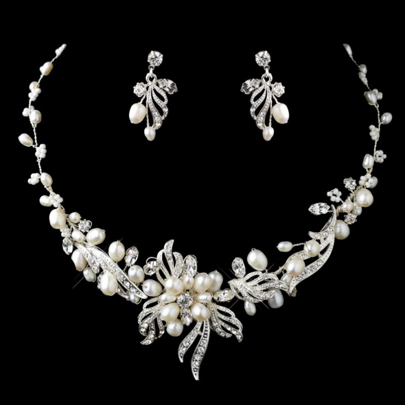 Image 0 of Freshwater Pearl Rhinestone Floral Leaf Wedding Necklace Earrings Bridal Set
