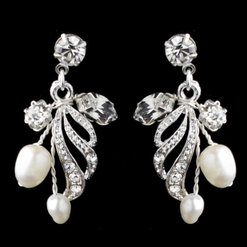 Image 1 of Freshwater Pearl Rhinestone Floral Leaf Wedding Necklace Earrings Bridal Set