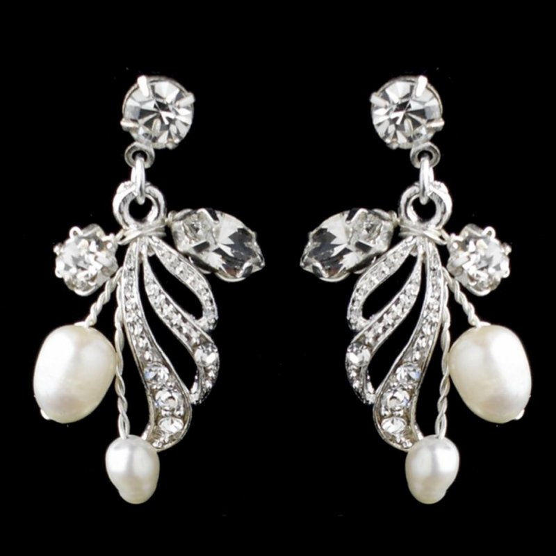 Image 1 of Freshwater Pearl Rhinestone Floral Leaf Wedding Necklace Earrings Bridal Set