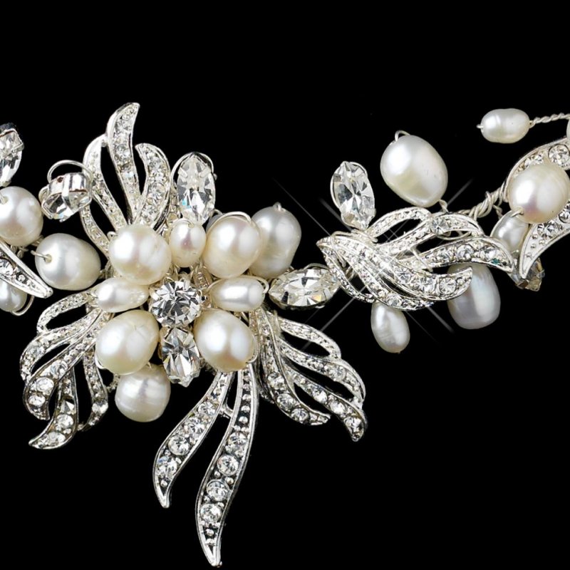 Image 2 of Freshwater Pearl Rhinestone Floral Leaf Wedding Necklace Earrings Bridal Set