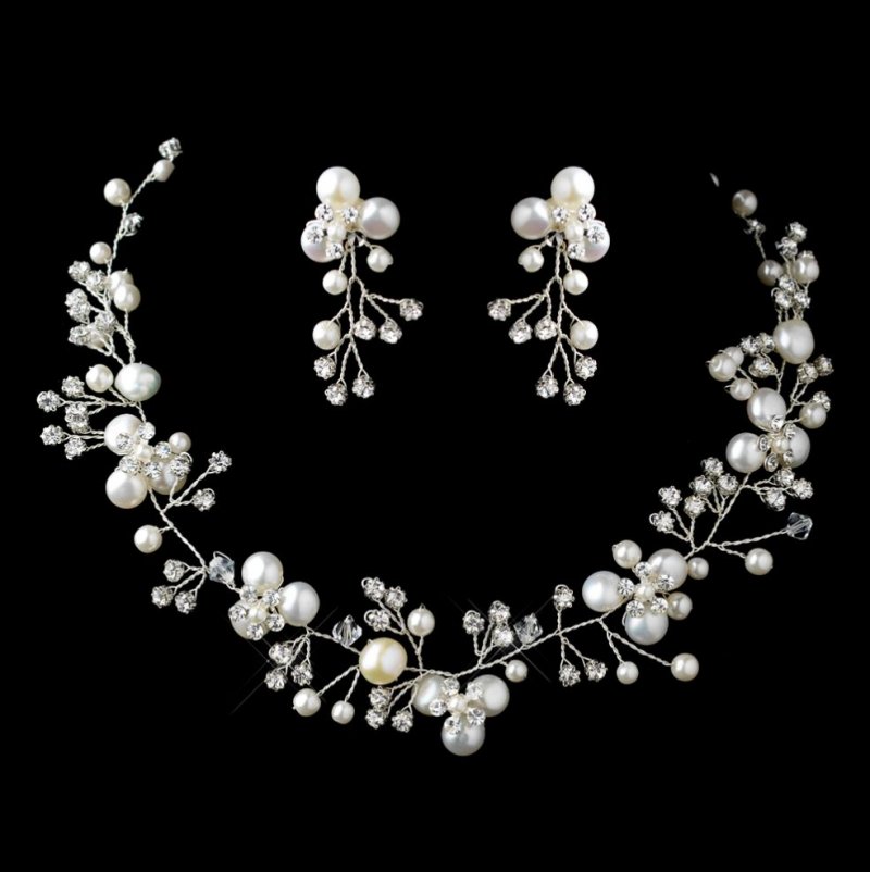 Image 0 of Freshwater Pearl Crystal Bead Vine Wedding Necklace Earrings Bridal Set