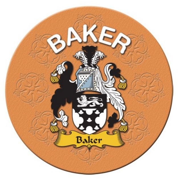 Image 1 of Baker Coat of Arms Cork Round English Family Name Coasters Set of 2