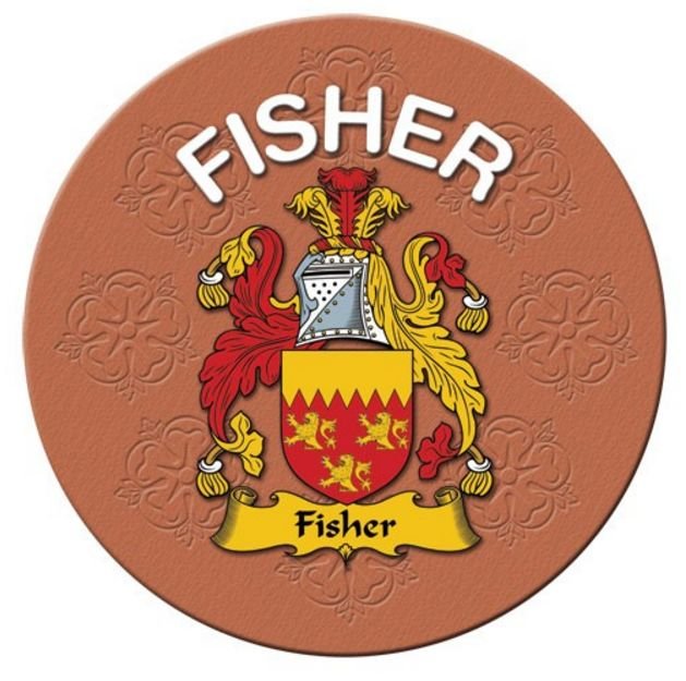 Image 1 of Fisher Coat of Arms Cork Round English Family Name Coasters Set of 10