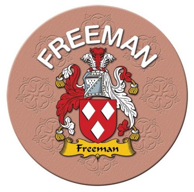 Image 1 of Freeman Coat of Arms Cork Round English Family Name Coasters Set of 2