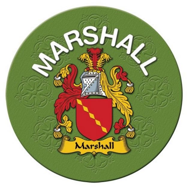 Image 1 of Marshall Coat of Arms Cork Round English Family Name Coasters Set of 2