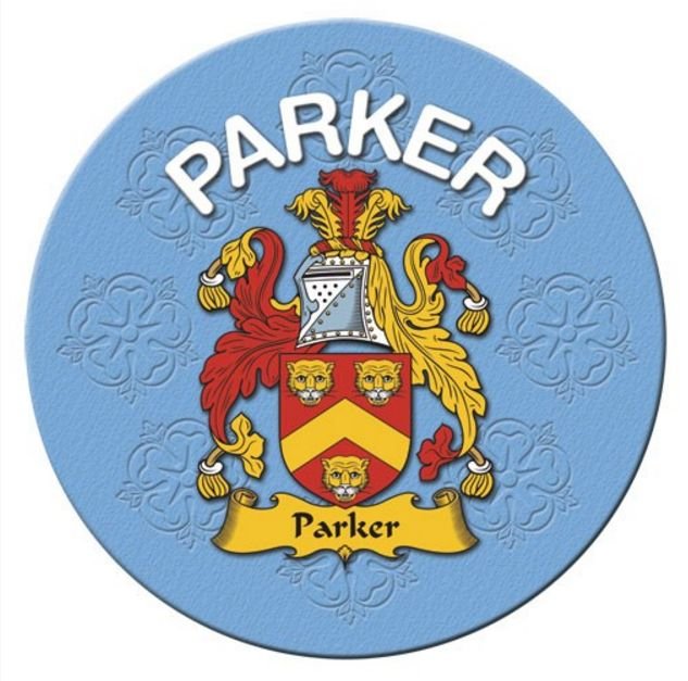 Image 1 of Parker Coat of Arms Cork Round English Family Name Coasters Set of 2