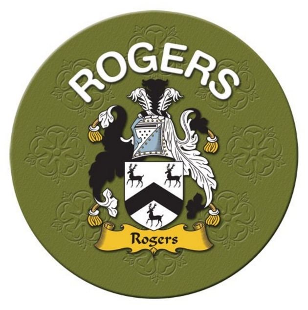 Image 1 of Rogers Coat of Arms Cork Round English Family Name Coasters Set of 2