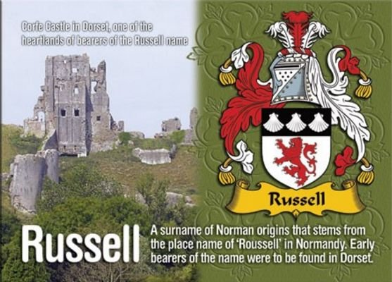 Image 1 of Russell Coat of Arms English Family Name Fridge Magnets Set of 2