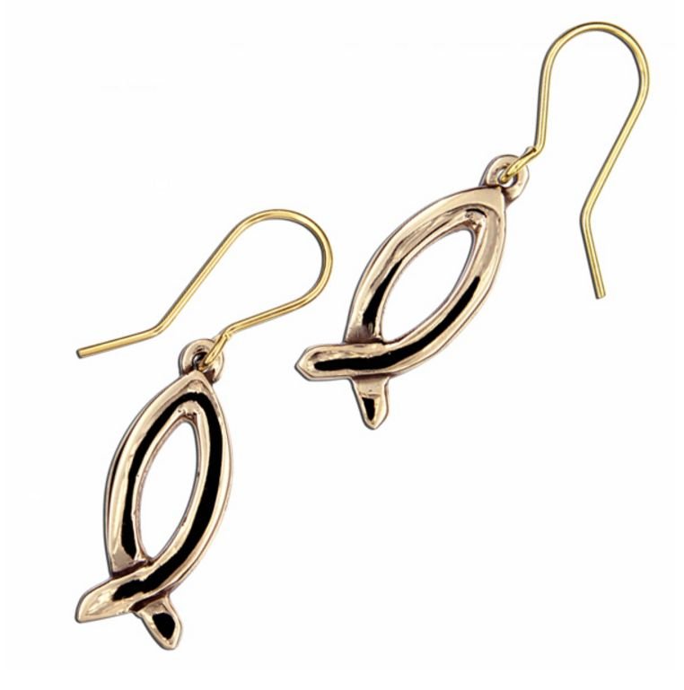 Image 1 of Christian Fish Baptism Polished Sheppard Hook Bronze Earrings