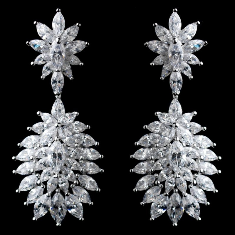 Image 0 of Leaf Burst Marquise Cubic Zirconia Sterling Silver Earrings 