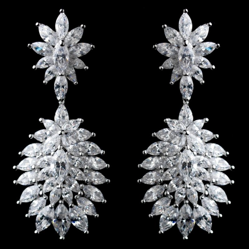 Image 0 of Leaf Burst Marquise Cubic Zirconia Sterling Silver Earrings 