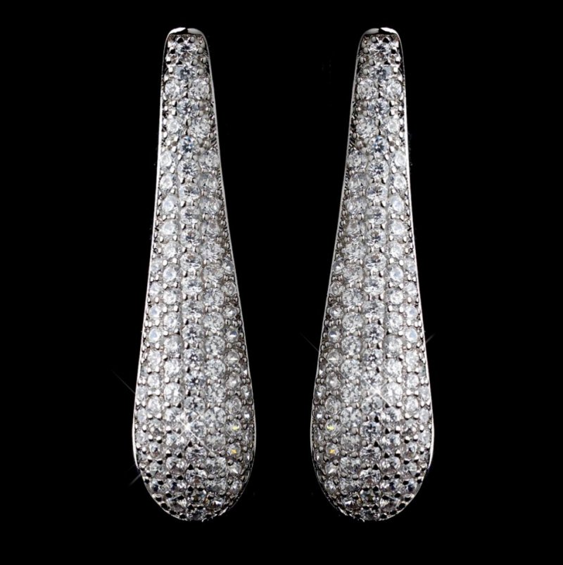 Image 0 of Long Pave Cubic Zirconia Crystal Encrusted Sterling Silver Earrings 