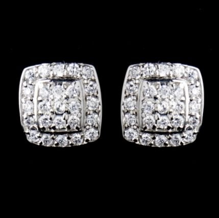 Image 0 of Square Pave Cubic Zirconia Crystal Encrusted Stud Sterling Silver Earrings 