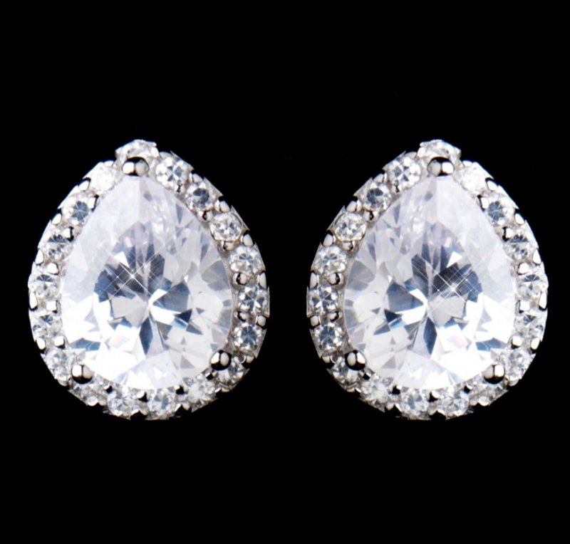 Image 0 of Pear Pave Cubic Zirconia Crystal Encrusted Stud Sterling Silver Earrings 