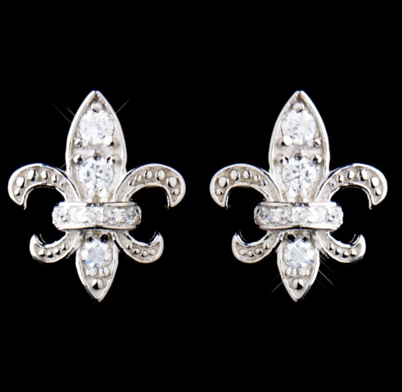 Image 0 of Fleur De Lis Cubic Zirconia Crystal Encrusted Stud Sterling Silver Earrings 
