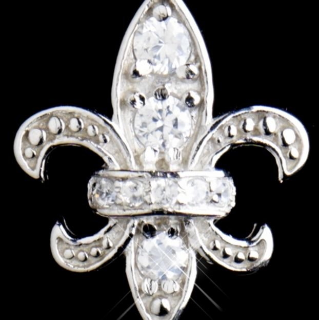 Image 1 of Fleur De Lis Cubic Zirconia Crystal Encrusted Stud Sterling Silver Earrings 