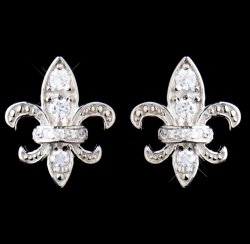 Fleur De Lis Cubic Zirconia Crystal Encrusted Stud Sterling Silver Earrings 