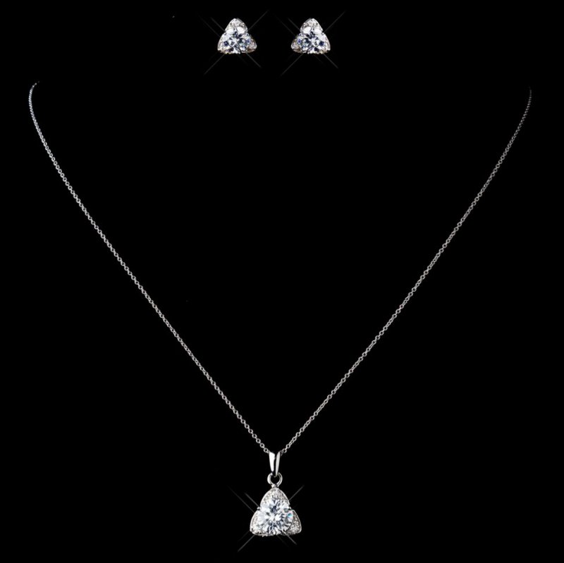 Image 0 of Triangle Cubic Zirconia Sterling Silver Wedding Bridal Necklace Earrings Set