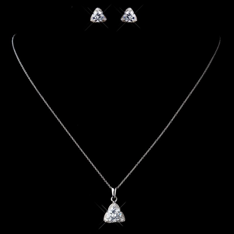 Image 0 of Triangle Cubic Zirconia Sterling Silver Wedding Bridal Necklace Earrings Set
