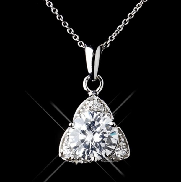 Image 1 of Triangle Cubic Zirconia Sterling Silver Wedding Bridal Necklace Earrings Set