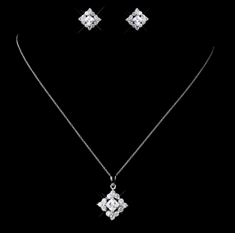Image 0 of Square Cubic Zirconia Sterling Silver Wedding Bridal Necklace Earrings Set