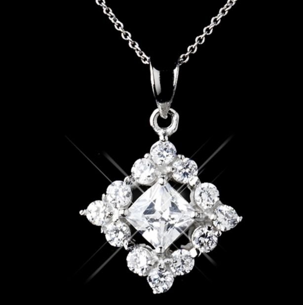 Image 1 of Square Cubic Zirconia Sterling Silver Wedding Bridal Necklace Earrings Set