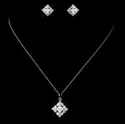 Square Cubic Zirconia Sterling Silver Wedding Bridal Necklace Earrings Set