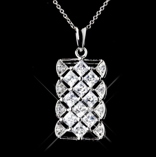 Image 1 of Rectangular Cubic Zirconia Sterling Silver Wedding Bridal Necklace Earrings Set