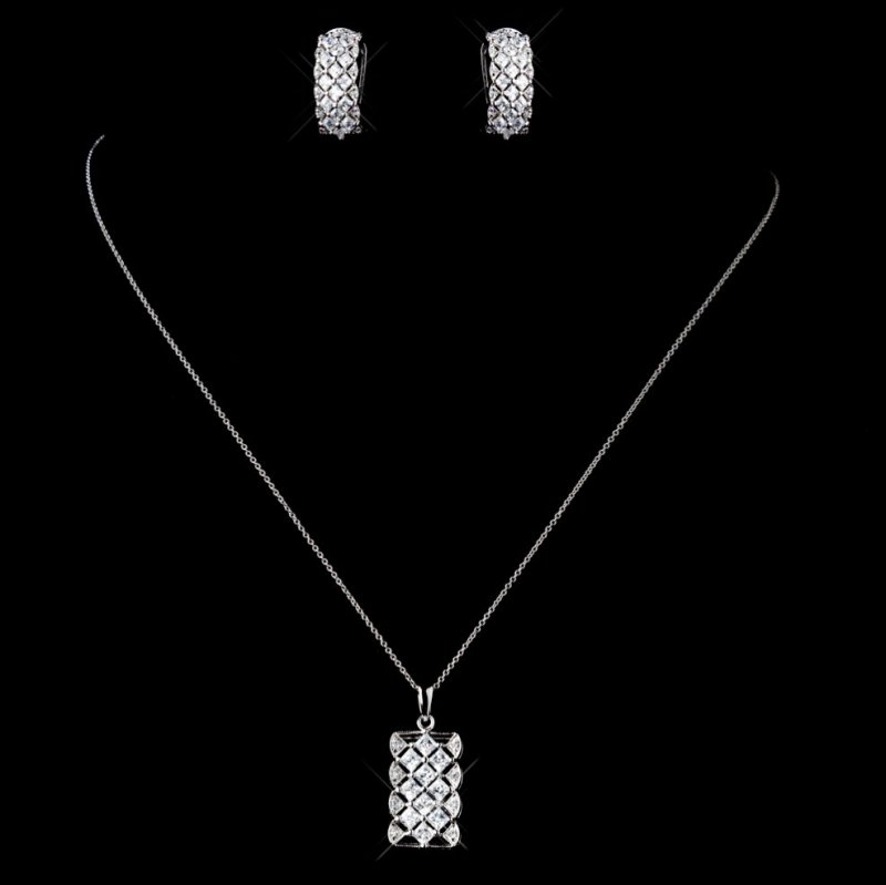 Image 0 of Rectangular Cubic Zirconia Sterling Silver Wedding Bridal Necklace Earrings Set