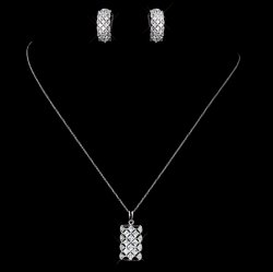 Rectangular Cubic Zirconia Sterling Silver Wedding Bridal Necklace Earrings Set