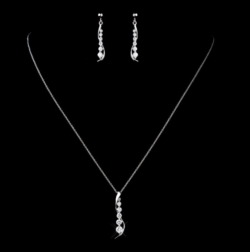 Image 0 of Twist Drop Cubic Zirconia Sterling Silver Wedding Bridal Necklace Earrings Set
