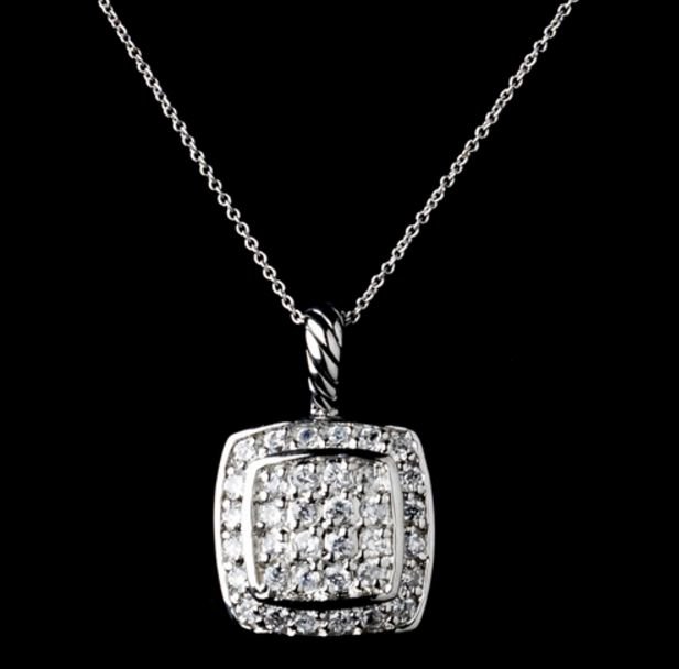 Image 1 of Square Pave Cubic Zirconia Sterling Silver Wedding Bridal Necklace Earrings Set