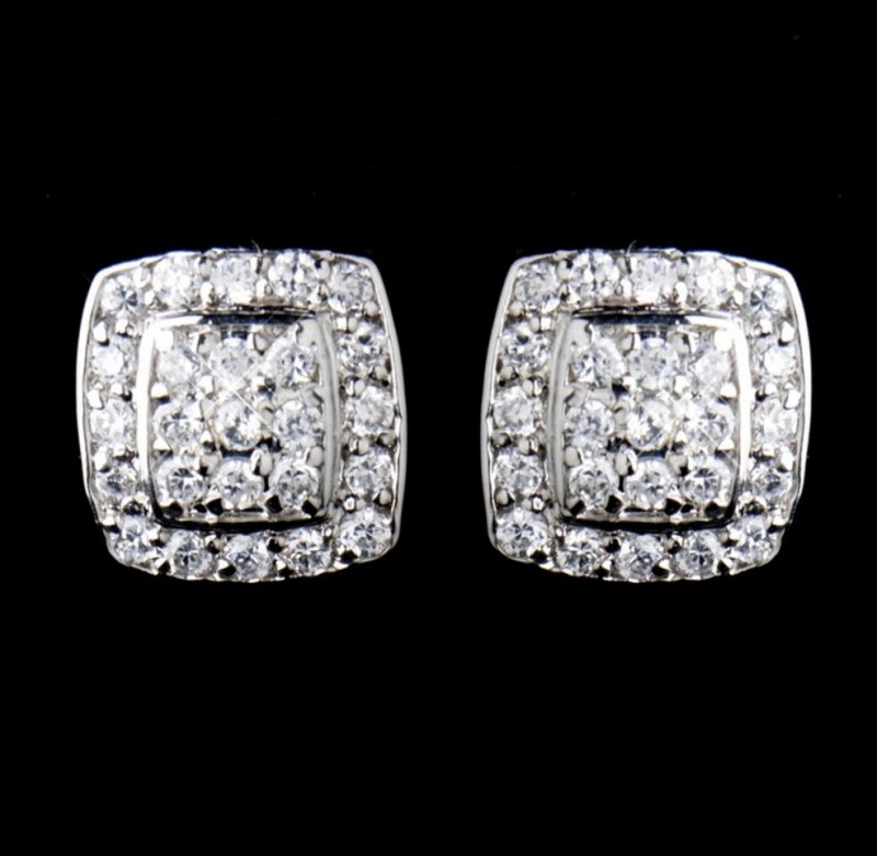 Image 2 of Square Pave Cubic Zirconia Sterling Silver Wedding Bridal Necklace Earrings Set
