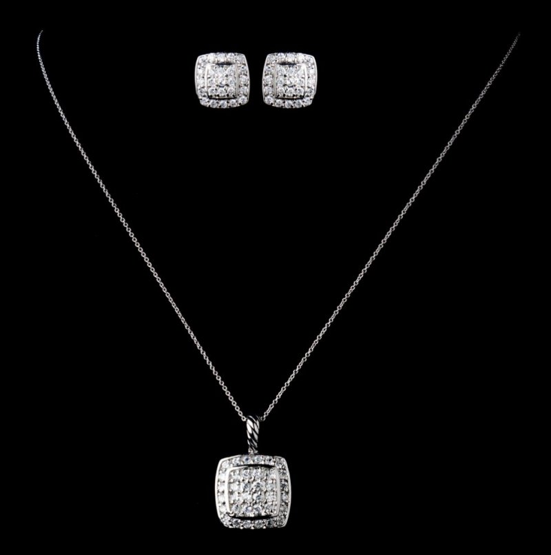Image 0 of Square Pave Cubic Zirconia Sterling Silver Wedding Bridal Necklace Earrings Set