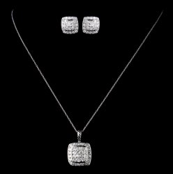 Square Pave Cubic Zirconia Sterling Silver Wedding Bridal Necklace Earrings Set