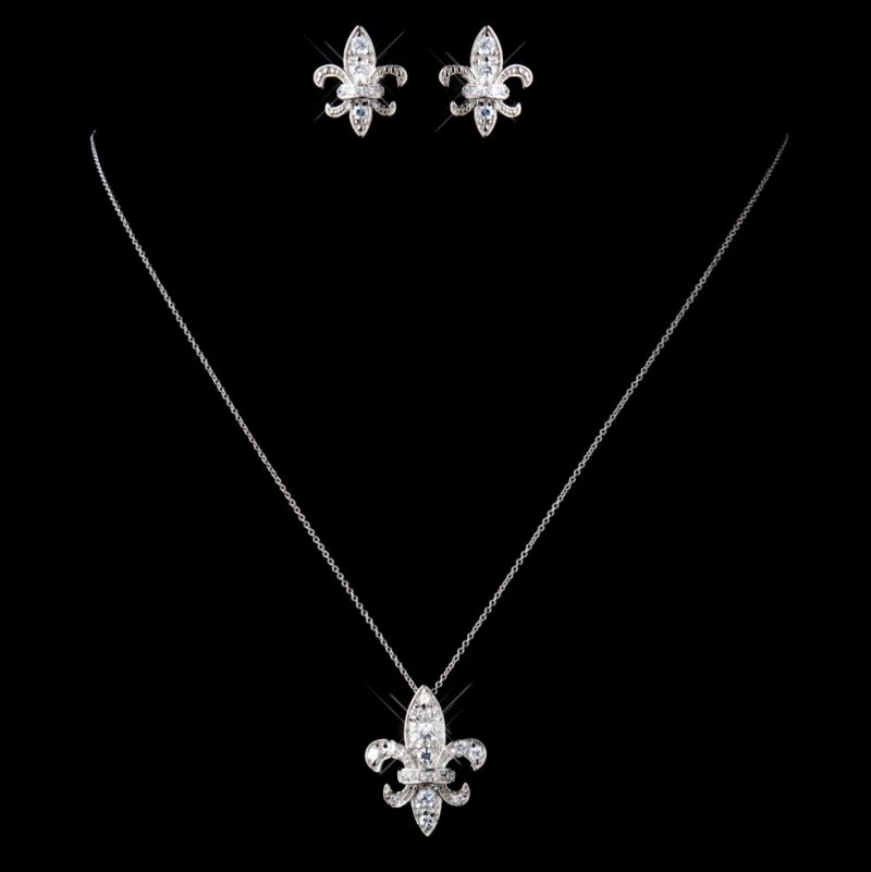 Image 0 of Fleur-De-Lis Cubic Zirconia Sterling Silver Wedding Bridal Necklace Earrings Set