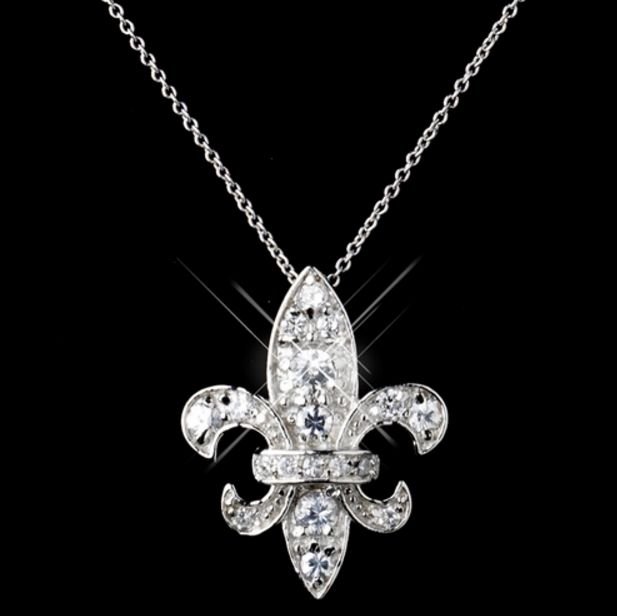 Image 1 of Fleur-De-Lis Cubic Zirconia Sterling Silver Wedding Bridal Necklace Earrings Set