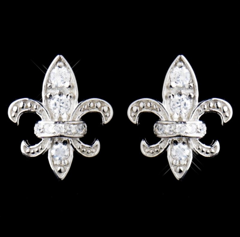 Image 2 of Fleur-De-Lis Cubic Zirconia Sterling Silver Wedding Bridal Necklace Earrings Set