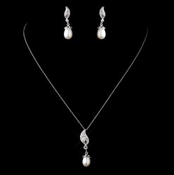Ornate Freshwater Pearl Sterling Silver Wedding Bridal Necklace Earrings Set
