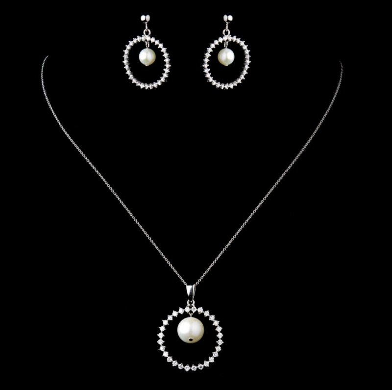 Image 0 of Halo Freshwater Pearl Sterling Silver Wedding Bridal Necklace Earrings Set