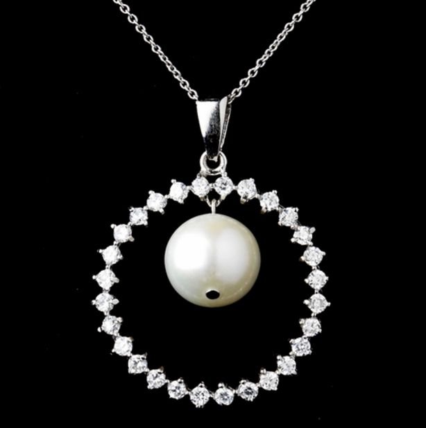 Image 1 of Halo Freshwater Pearl Sterling Silver Wedding Bridal Necklace Earrings Set