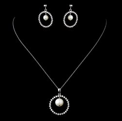 Halo Freshwater Pearl Sterling Silver Wedding Bridal Necklace Earrings Set