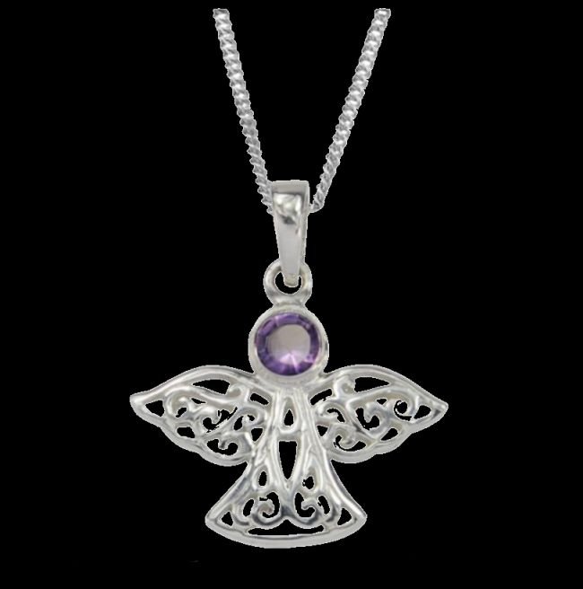 Image 0 of Birthstone Celtic Angel February Stone Sterling Silver Pendant