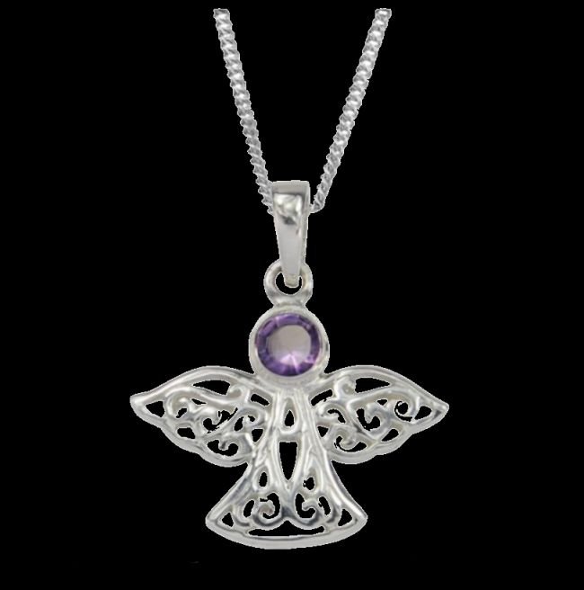 Image 0 of Birthstone Celtic Angel February Stone Sterling Silver Pendant