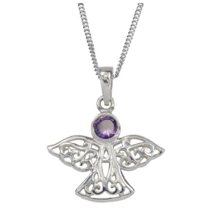 Image 1 of Birthstone Celtic Angel February Stone Sterling Silver Pendant