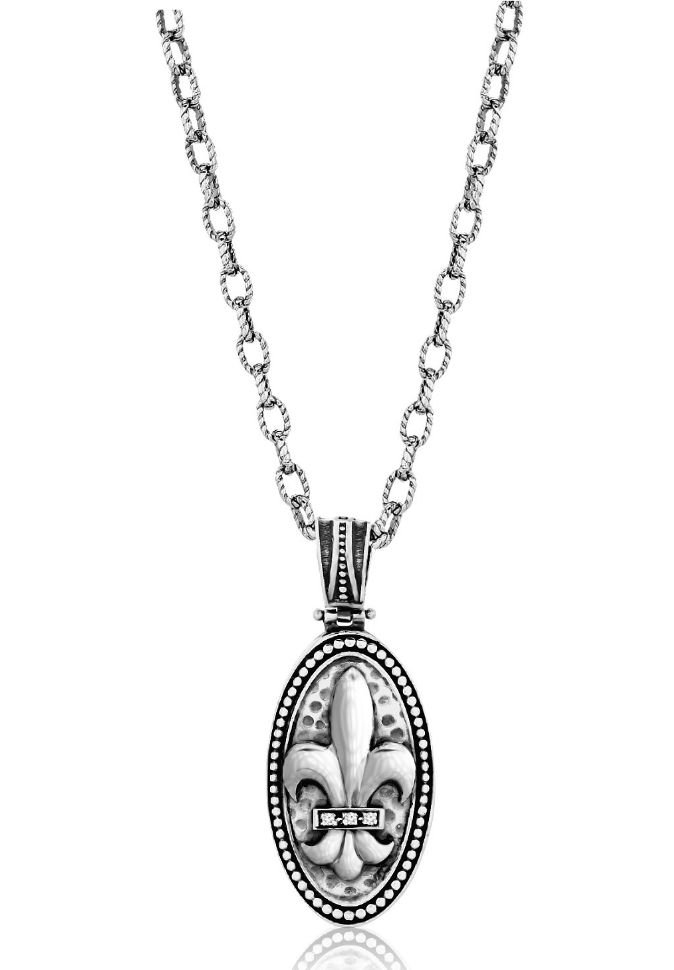 Image 1 of Fleur De Lis Oval Diamond Accent Sterling Silver Pendant